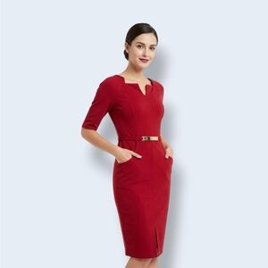 Tailored Red Midi Dress with Metallic Accent Belt